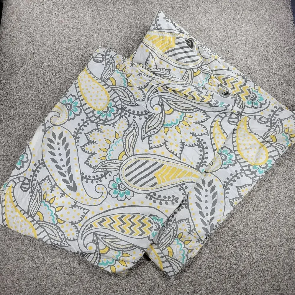 Pottery Barn Teen Ana Duvet Twin Gray Yellow Teal Paisley Buttons Tie Corners
